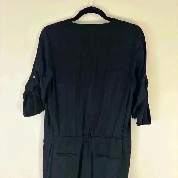 DKNY Black Zipper Pocket Drawstring Waist Roll-Tab Sleeve V Neck Jumpsuit Size 4 - Picture 11 of 16